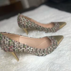 J Crew Tweed and Gold Pointed Toe Heel